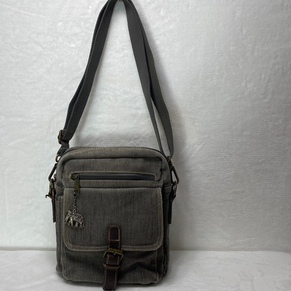 Cargoit Gray Canvas Crossbody Bag Elephant Charm Adjustable Strap Travel - Picture 2 of 16